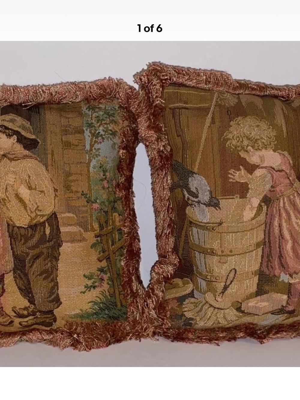 2 Vintage 9" X 9" Tapestry Pillows Set Short Fringe Children